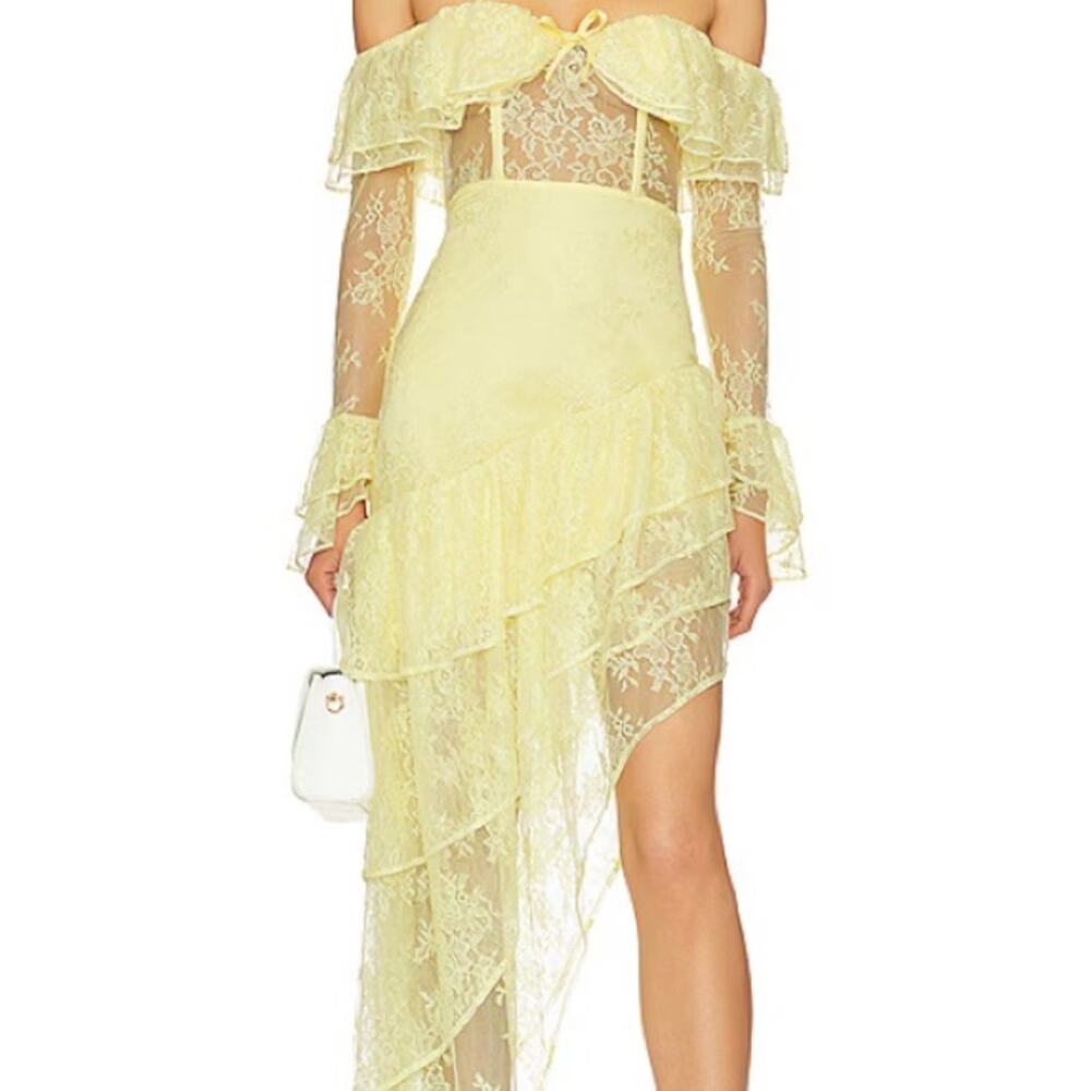 MAJORELLE Yellow Lace Asymmetrical Corset Dress Size M